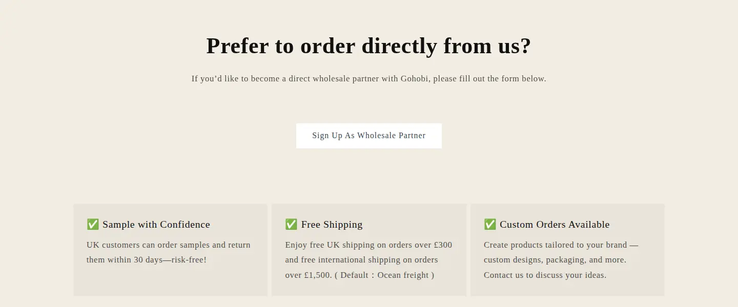 Gohobi wholesale page section titled Prefer to order directly from us with a Sign Up As Wholesale Partner button and cards for samples, free shipping and custom orders