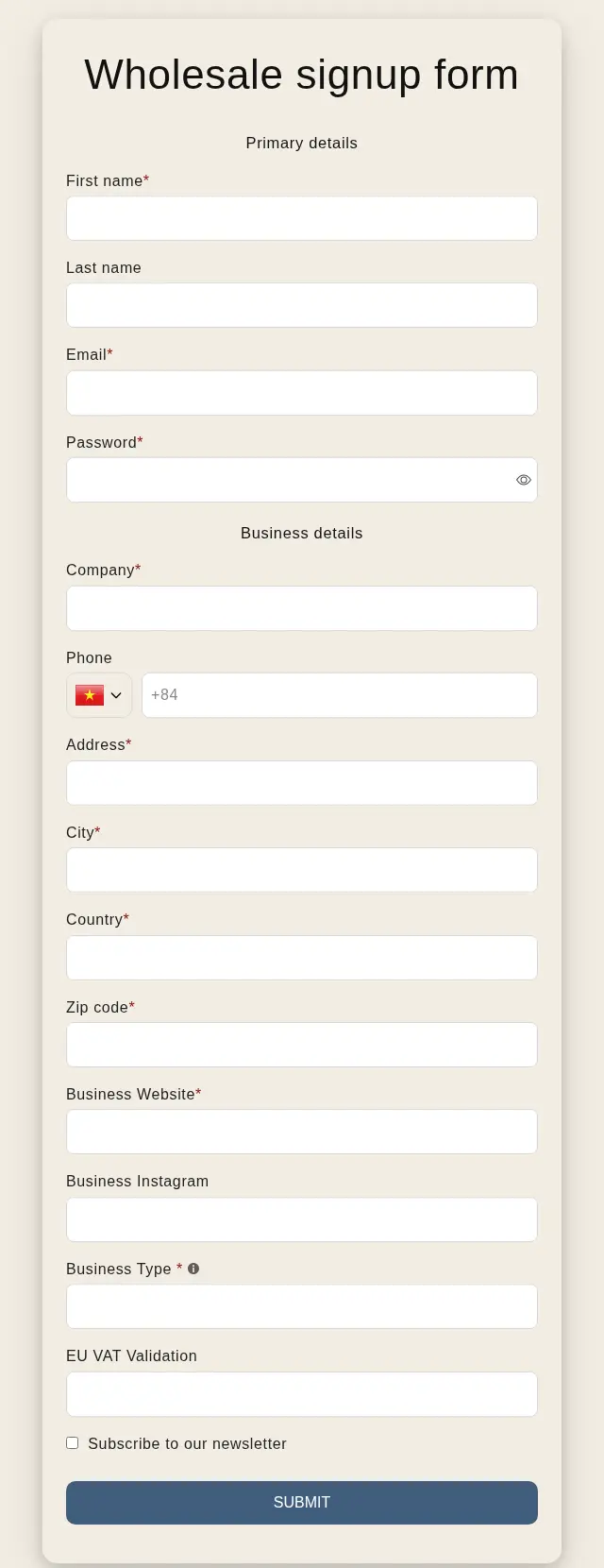 Gohobi Wholesale signup form with name, email, password, company, phone, address, business website, business Instagram, business type and EU VAT validation fields