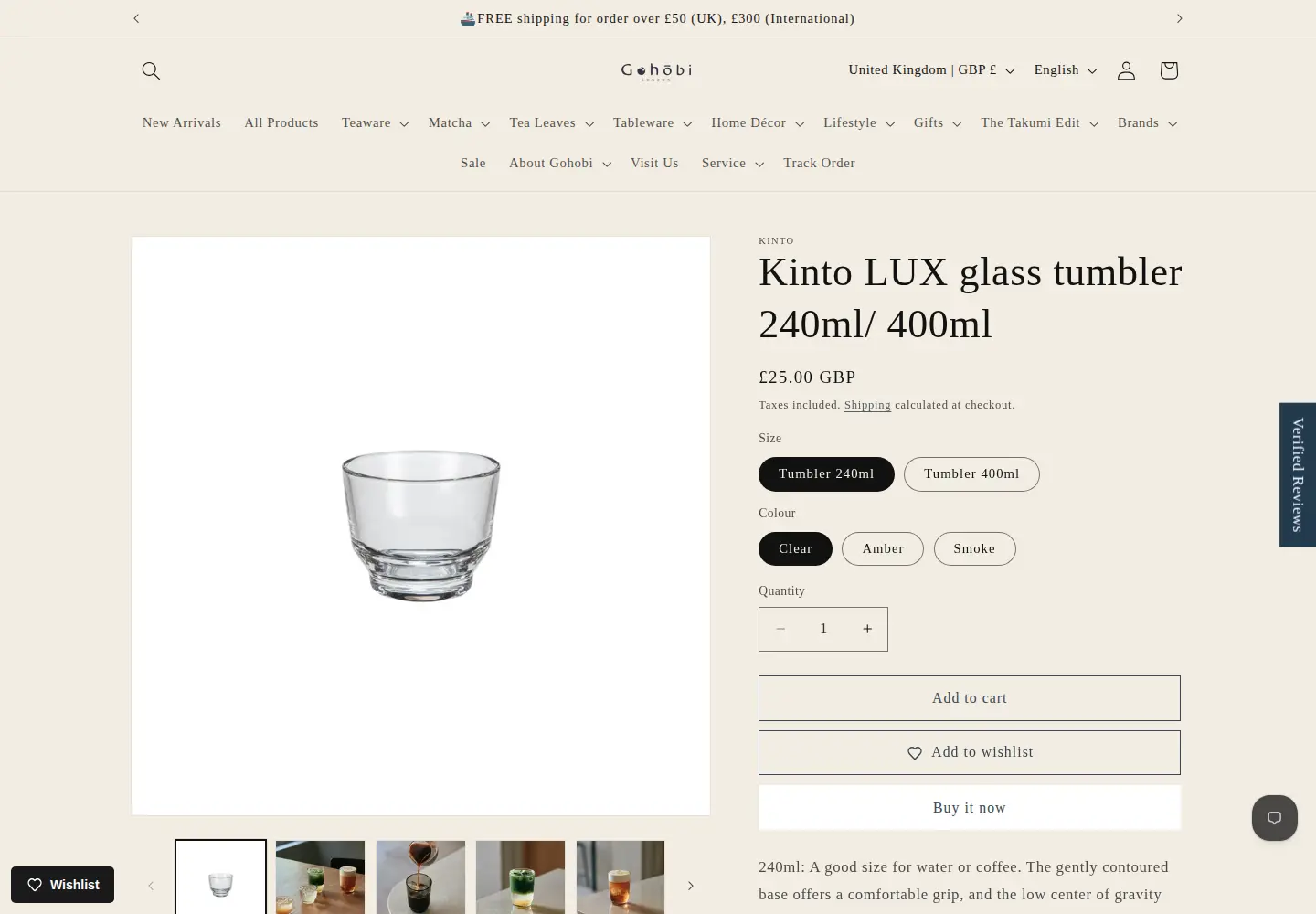 Gohobi product page for a glass tumbler with a price in pounds, size and colour options, Add to cart and Buy it now buttons