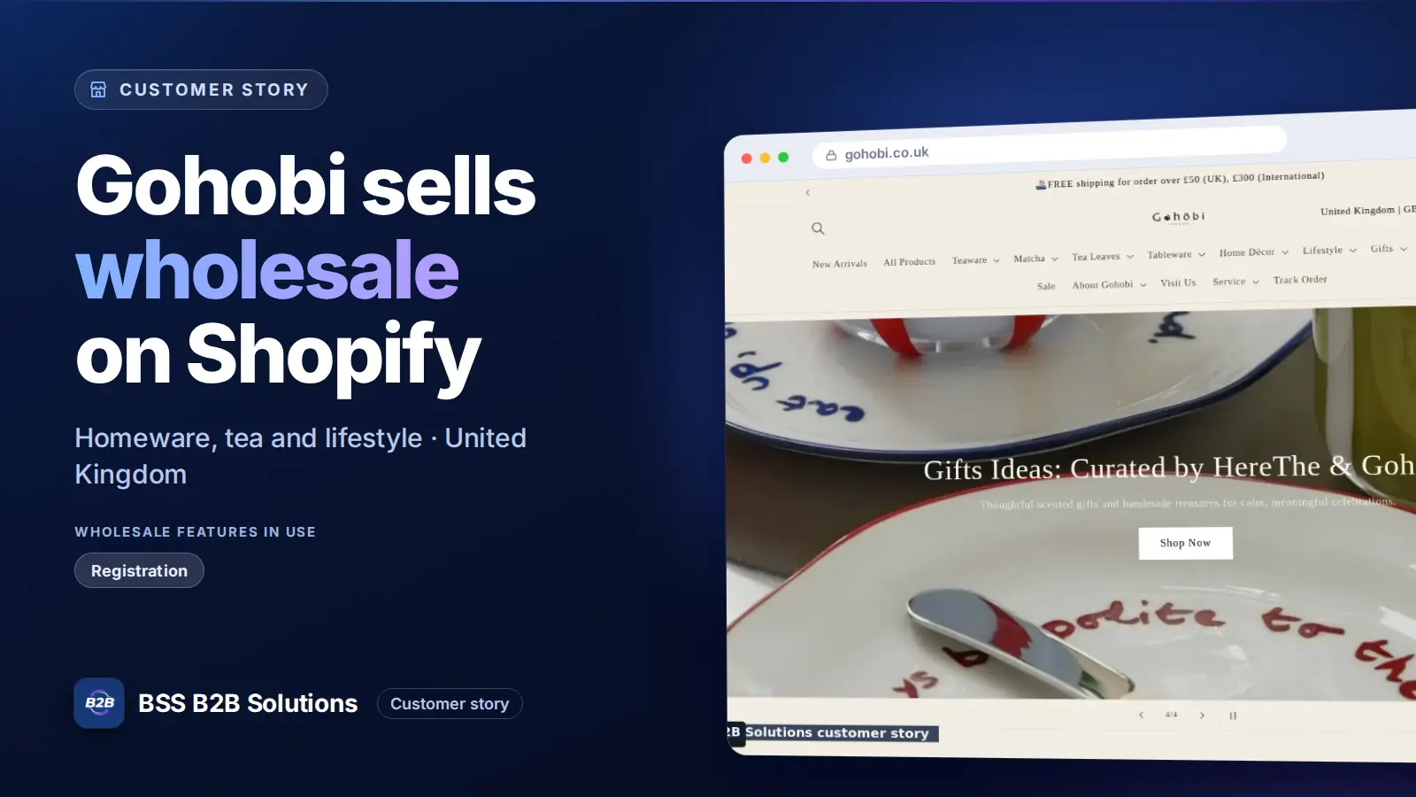 Browser window showing the merchant storefront, Gohobi sells wholesale on Shopify. Cover for: Gohobi: How a London Tea and Homeware Brand Offers Wholesale on Shopify