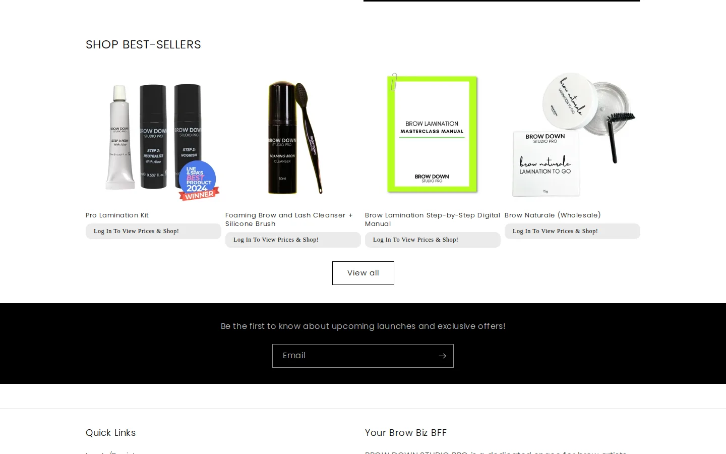 Brow Down Studio Pro best sellers grid where each price is replaced by a Log In To View Prices and Shop message