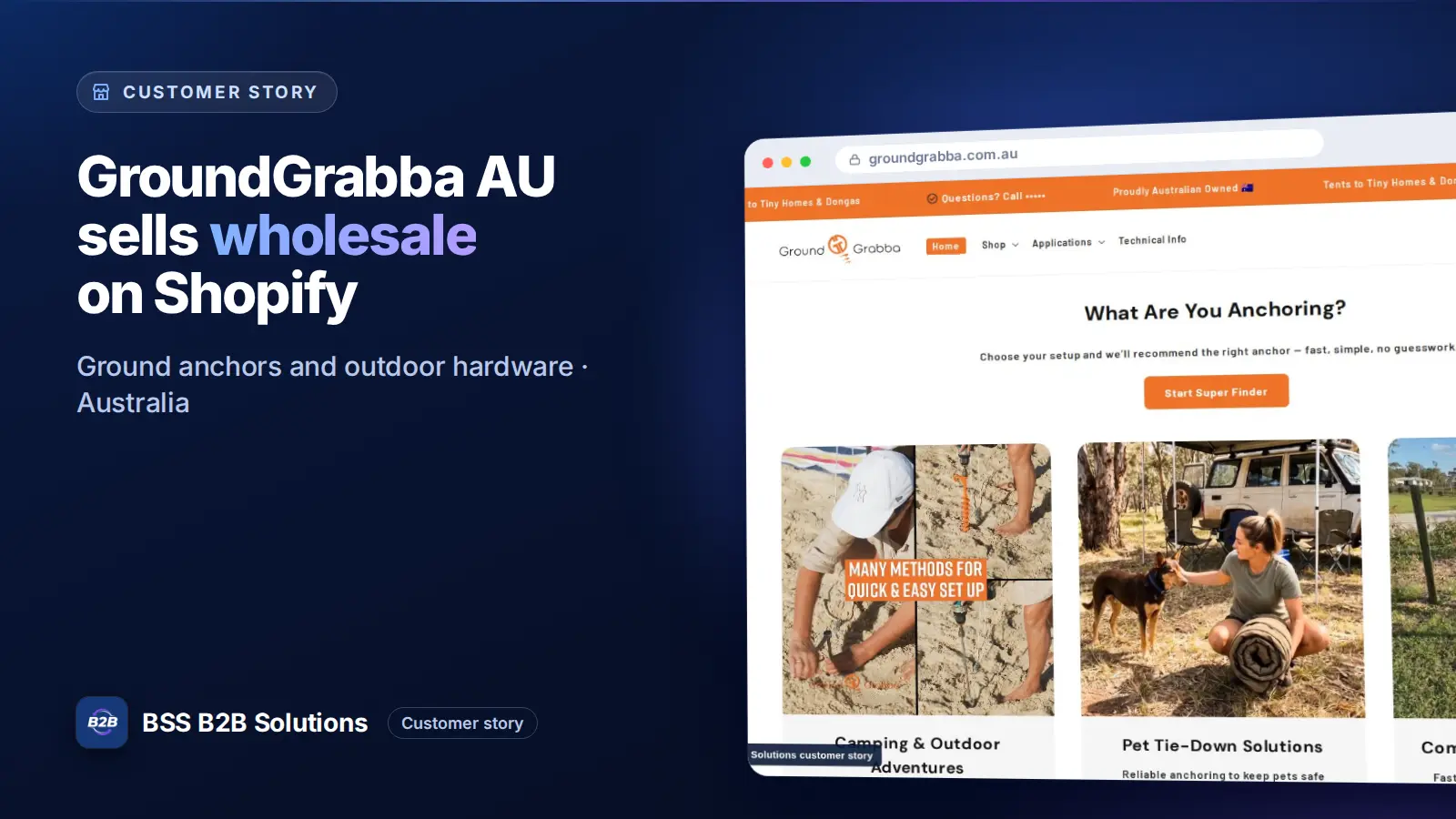 Browser window showing the merchant storefront, GroundGrabba AU sells wholesale on Shopify. Cover for: GroundGrabba AU: How a Ground Anchor Brand Sells to Trade Customers on Shopify