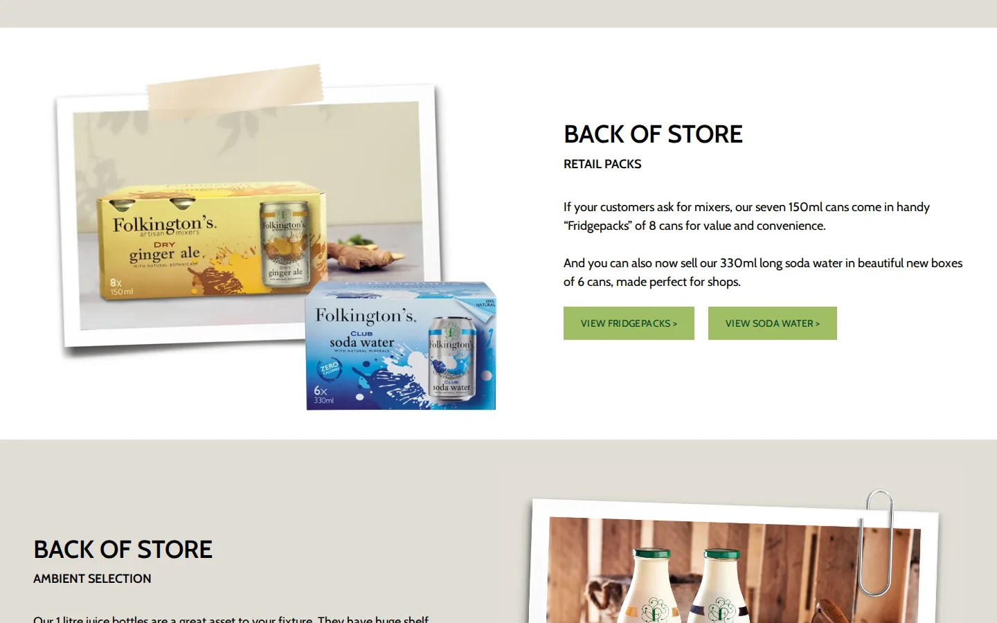 Folkington's retailer guide section on retail packs of mixers and soda water