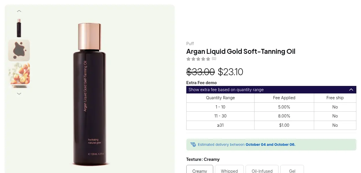 Demo storefront product page with an Extra fee demo table of quantity ranges and fees shown under the price