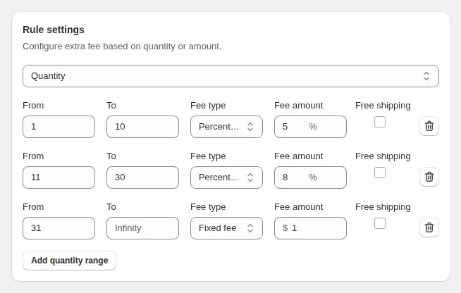 Rule settings card of an Extra Fee rule with three quantity ranges, fee types percentage and fixed fee, fee amounts and a Free shipping checkbox for each range
