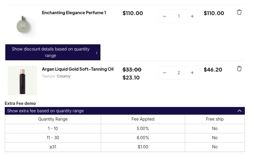 Demo storefront cart with two products and an Extra Fee demo table that lists quantity ranges 1 to 10, 11 to 30 and 31 or more with the fee applied and whether shipping is free