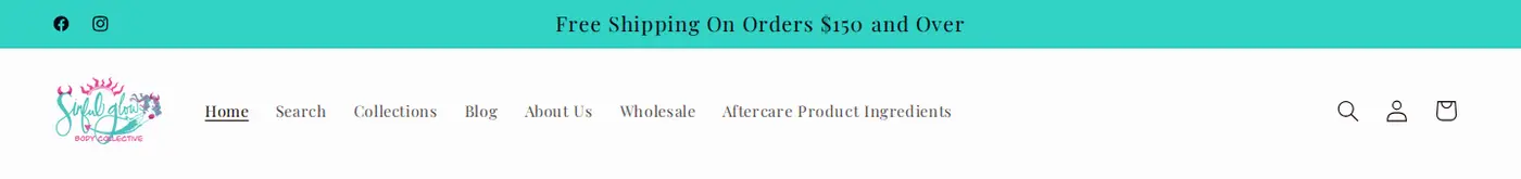 Sinful Glow Body Collective header with a free shipping banner and a navigation menu that includes Wholesale