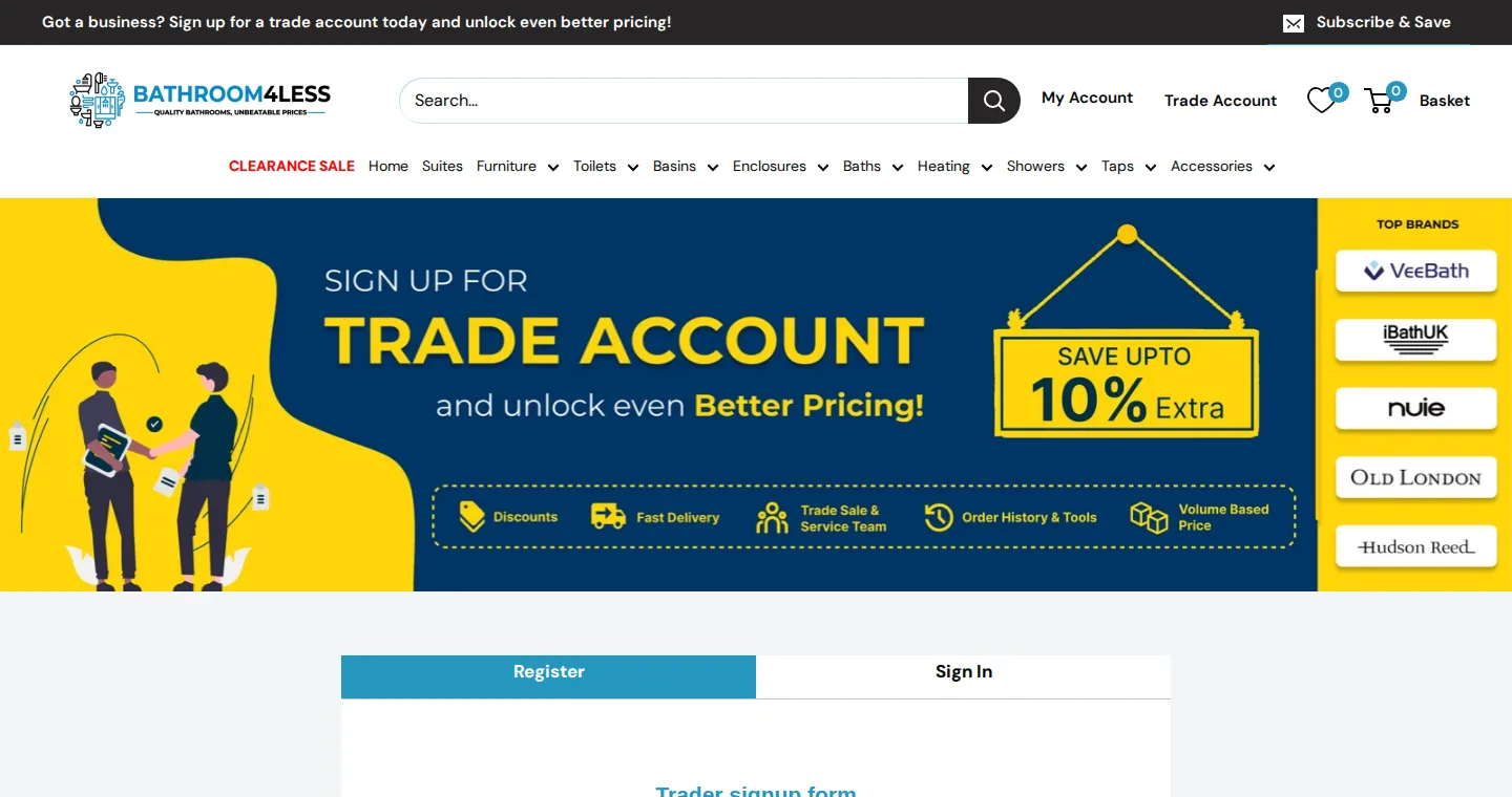 Bathroom4Less header with the Trade Account link and the sign up for a trade account banner above the Register and Sign In tabs