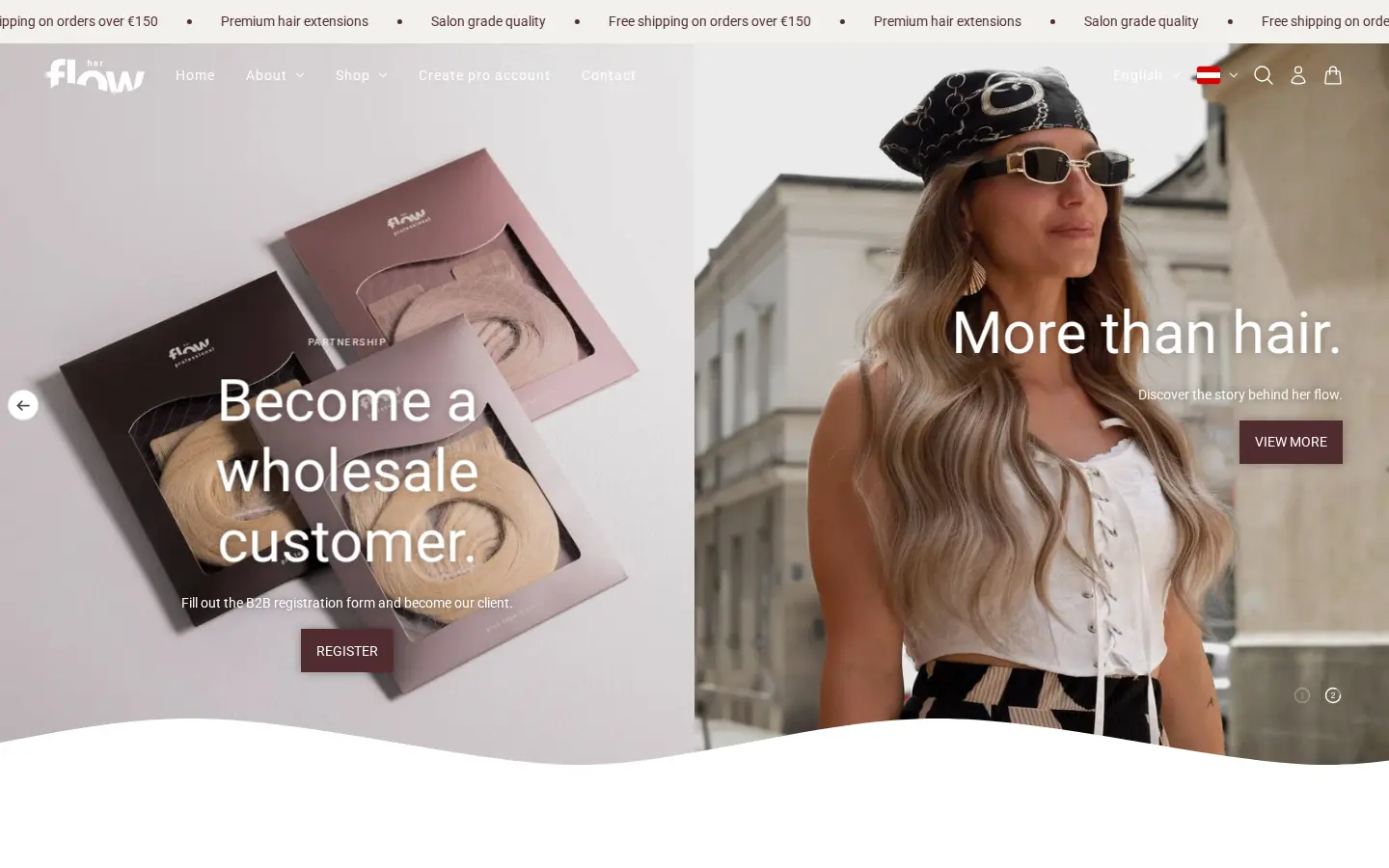 her flow homepage hero with Become a wholesale customer and a Register button above premium hair extension packaging