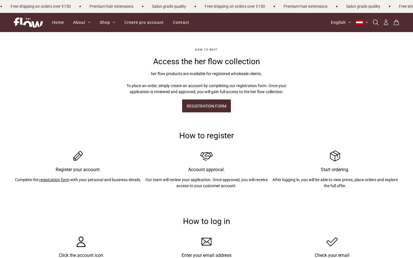 her flow How to buy page explaining that products are for registered wholesale clients, with Register, Account approval and Start ordering steps