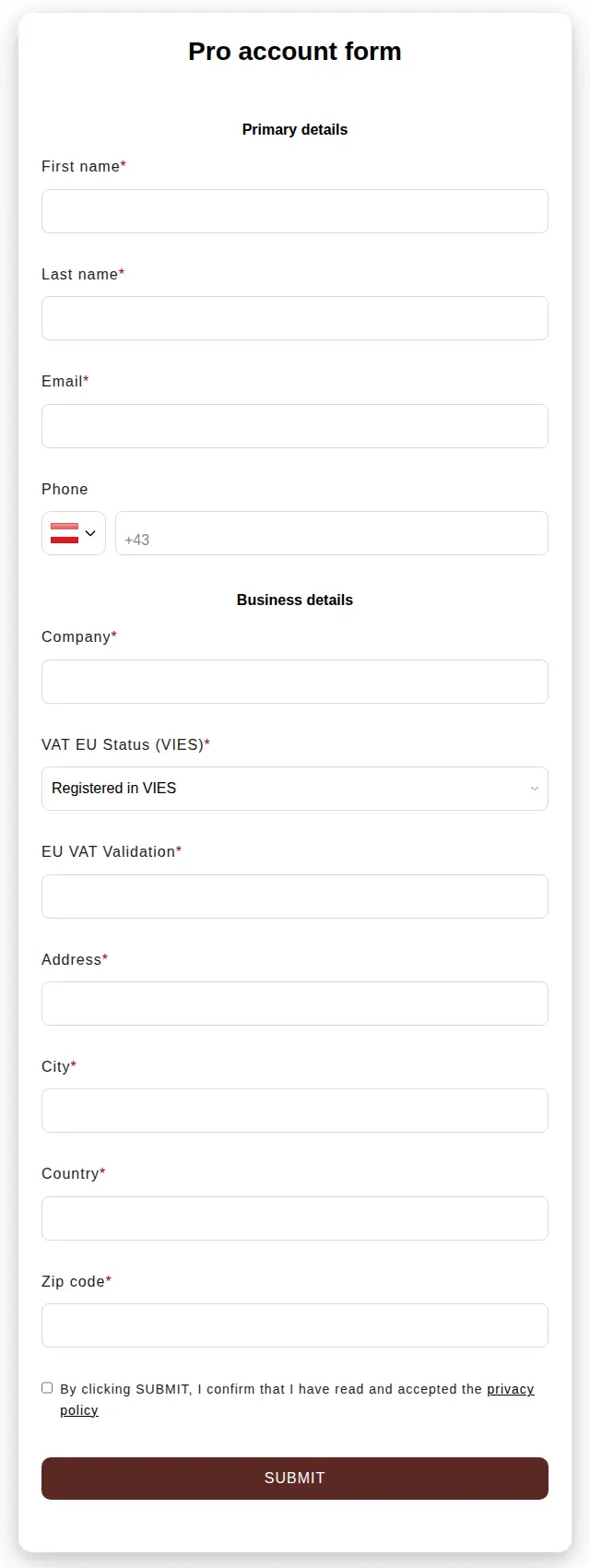 her flow Pro account form with primary details, company, EU VAT status, EU VAT validation and address fields