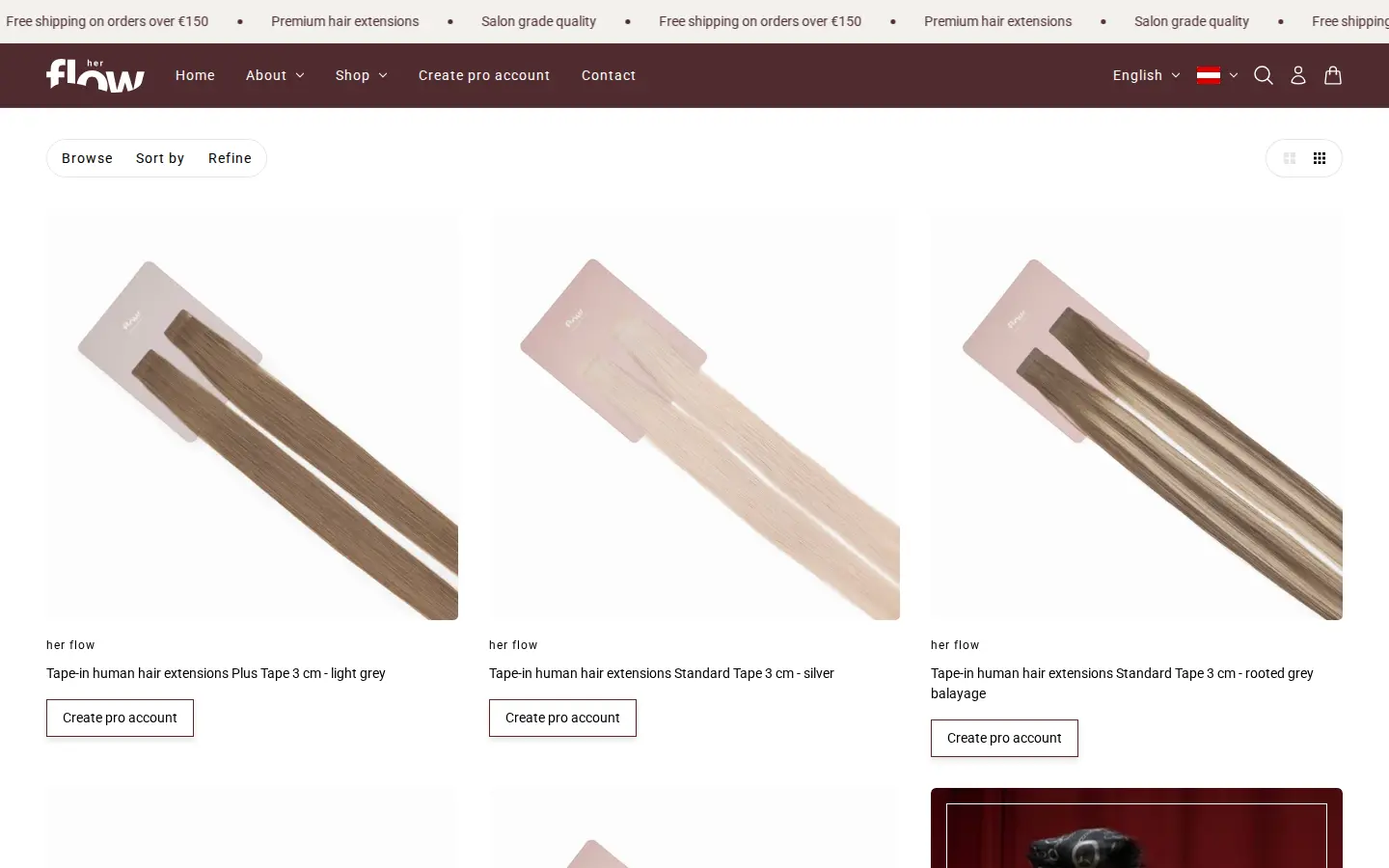 her flow tape-in extensions collection where each product card shows a Create pro account button instead of a price