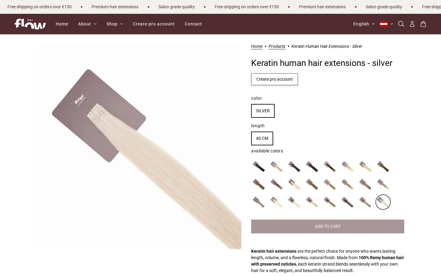 her flow keratin hair extensions product page showing a Create pro account button in place of price and Add to cart