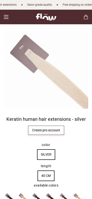 her flow product page on a phone with a Create pro account button under the product title