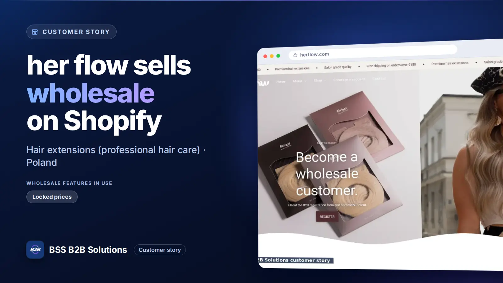 Browser window showing the merchant storefront, her flow sells wholesale on Shopify. Cover for: her flow: How a Polish Hair Extension Brand Sells Wholesale-Only on Shopify