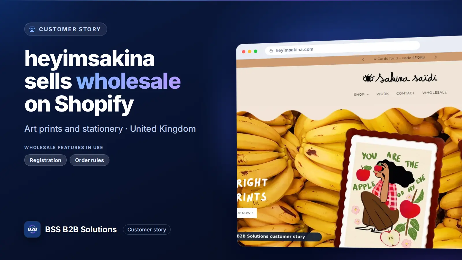 Browser window showing the merchant storefront, heyimsakina sells wholesale on Shopify. Cover for: heyimsakina: How a UK Illustration Studio Takes Wholesale Orders on Shopify