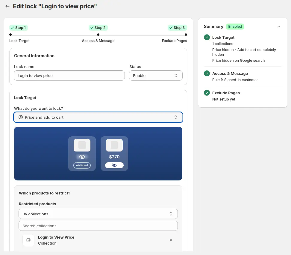 BSS B2B Lock editor Step 1 with the lock named Login to view price and Price and add to cart selected as the target