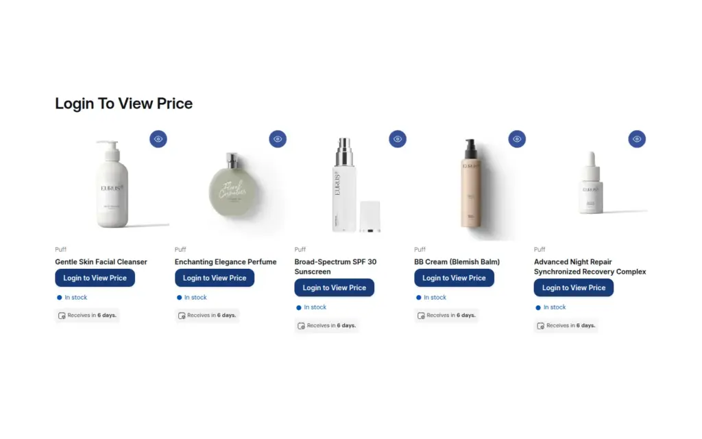 Storefront collection for a guest where each product shows a Login to View Price button instead of a price