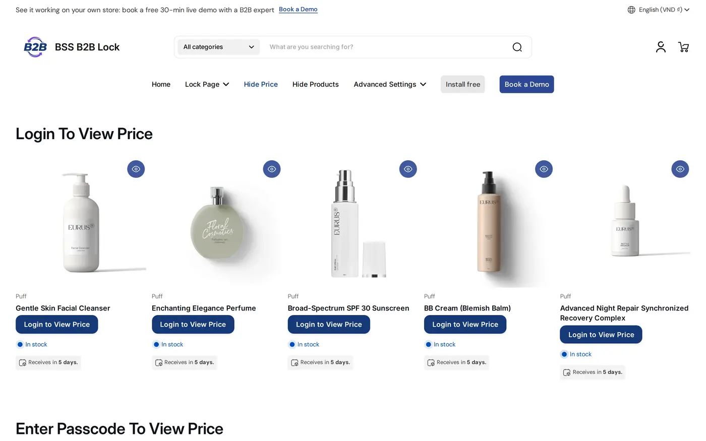 BSS B2B Lock demo storefront page Login To View Price with five products and a Login to View Price button under each