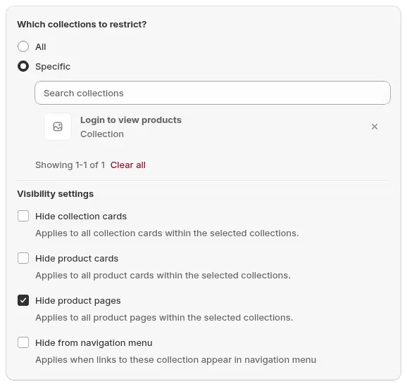 BSS B2B Lock Collections target with Specific selected, one wholesale collection chosen and Visibility settings for cards, product pages and navigation