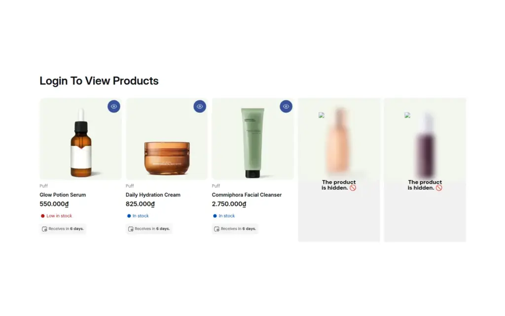Storefront collection for a guest where three products show normally and two tiles read The product is hidden