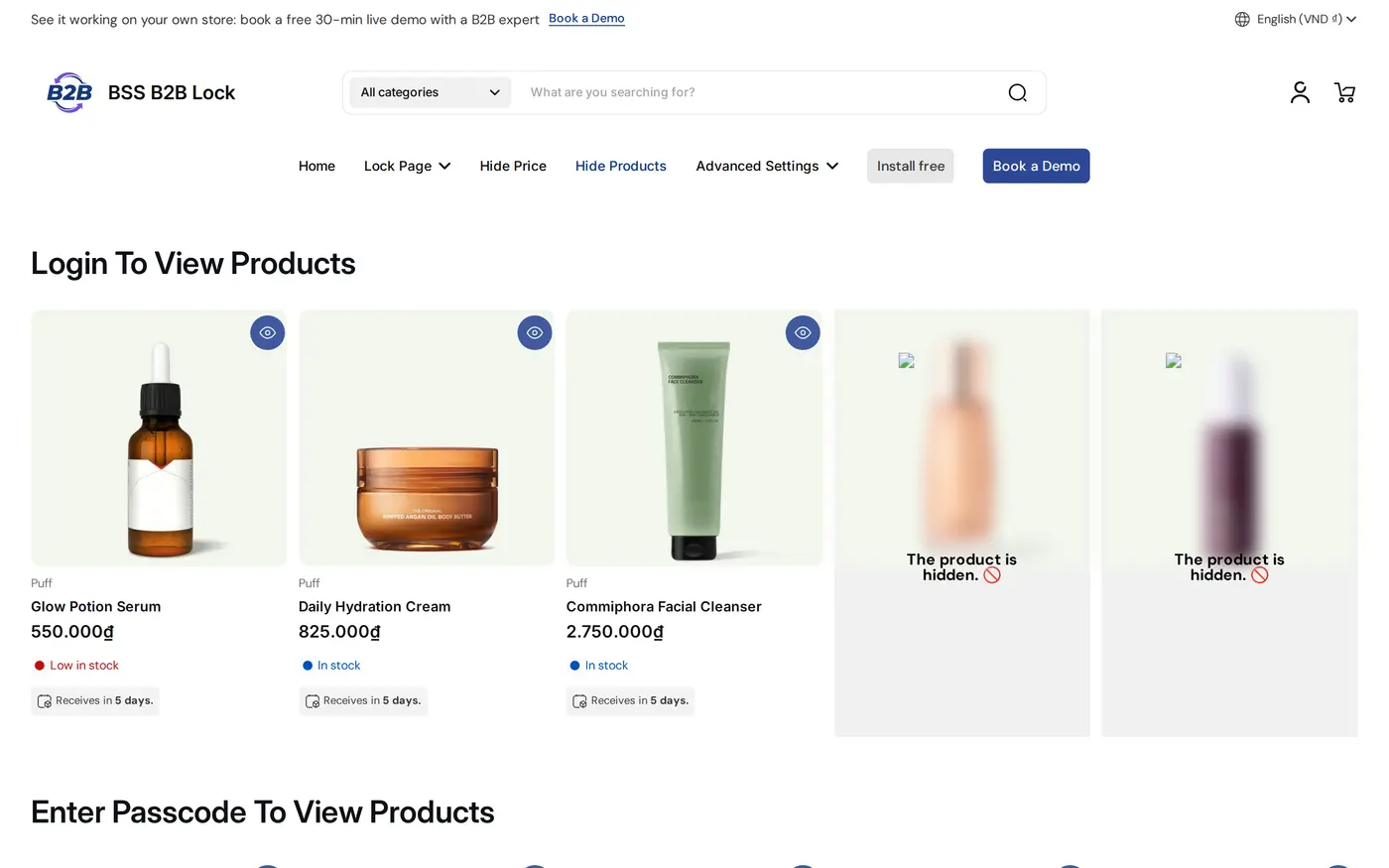 BSS B2B Lock demo storefront page titled Login To View Products, with three visible products and two hidden product tiles
