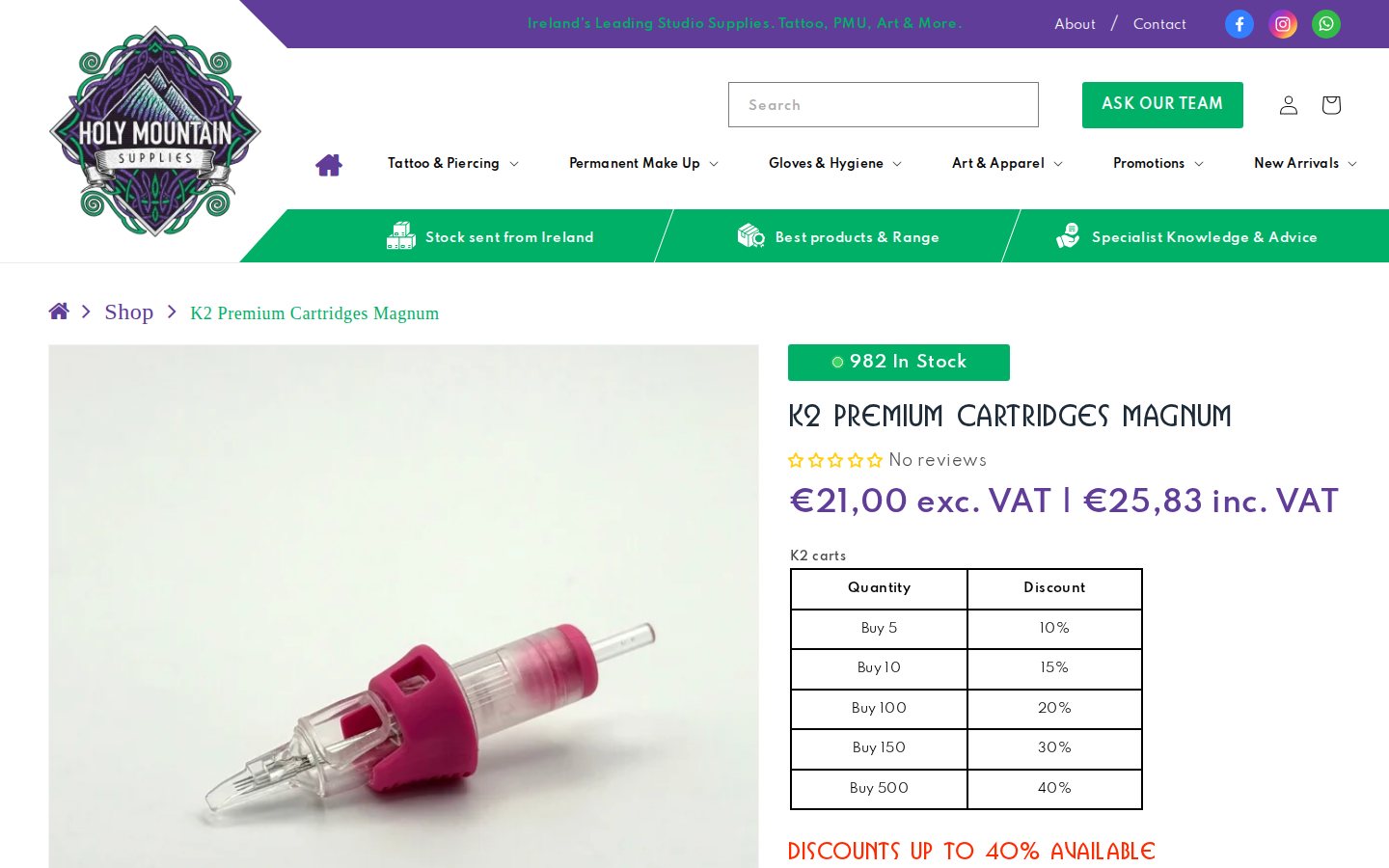 Holy Mountain Supplies product page for K2 Premium Cartridges Magnum with a price excluding and including VAT and a quantity discount table