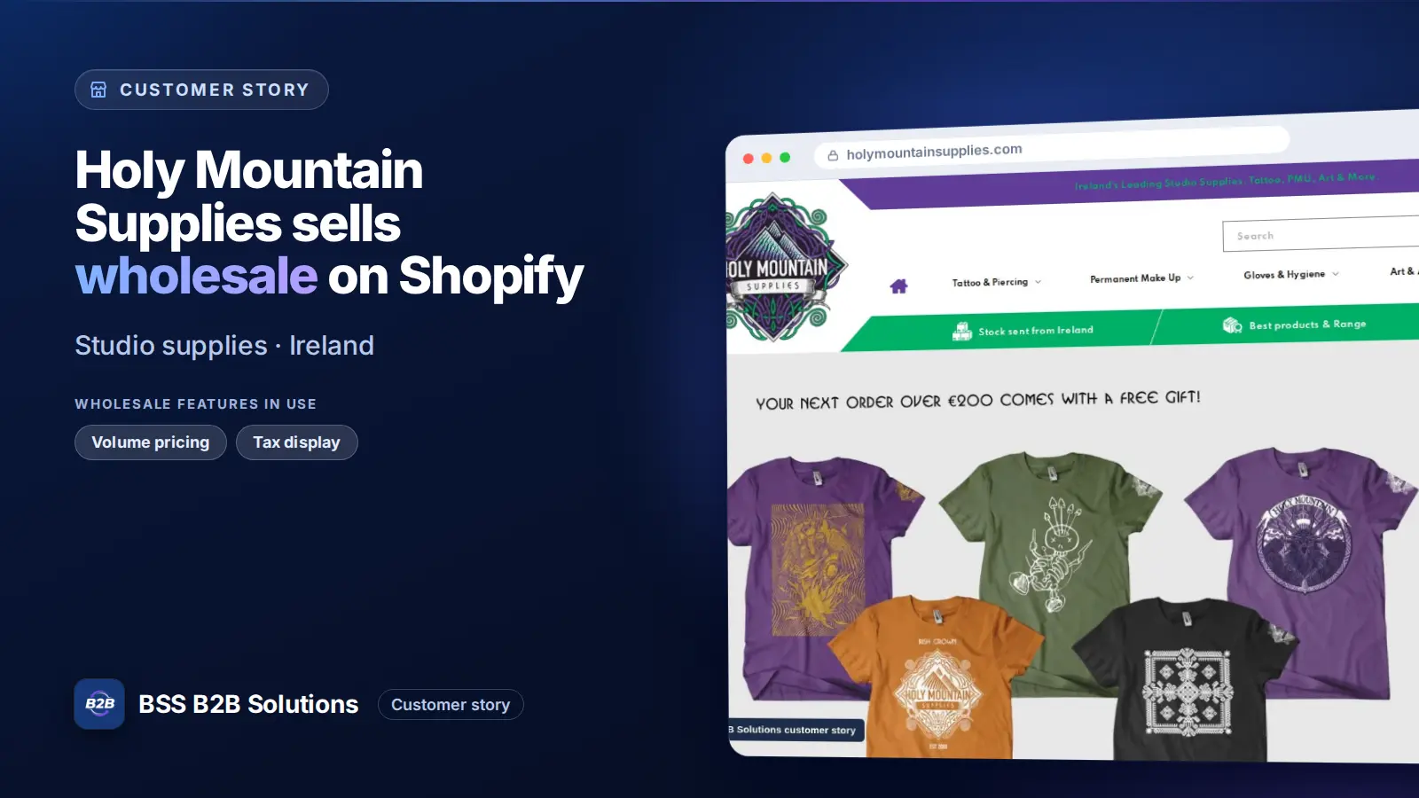 Browser window showing the merchant storefront, Holy Mountain Supplies sells wholesale on Shopify. Cover for: Holy Mountain Supplies: How an Irish Supplier Shows Volume Discounts on Shopify