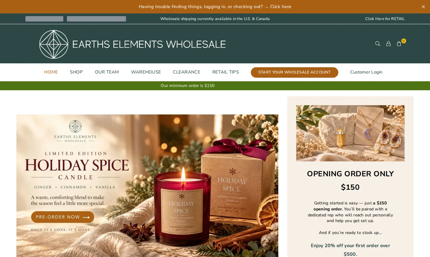 Earths Elements Wholesale home page with a Start your wholesale account button and an opening order card