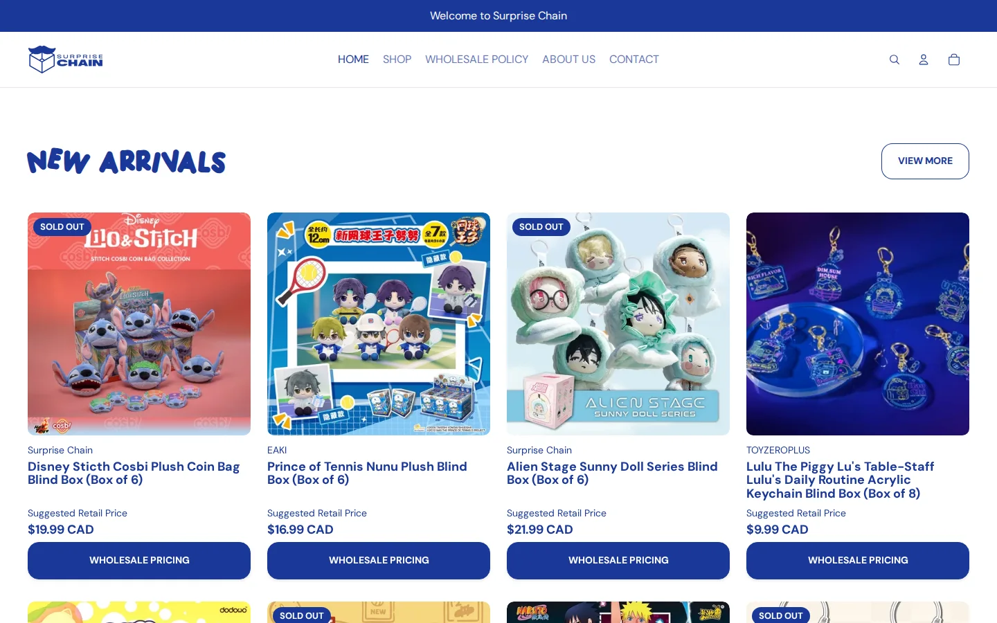 Surprise Chain home page with New Arrivals product cards showing a suggested retail price and a Wholesale Pricing button