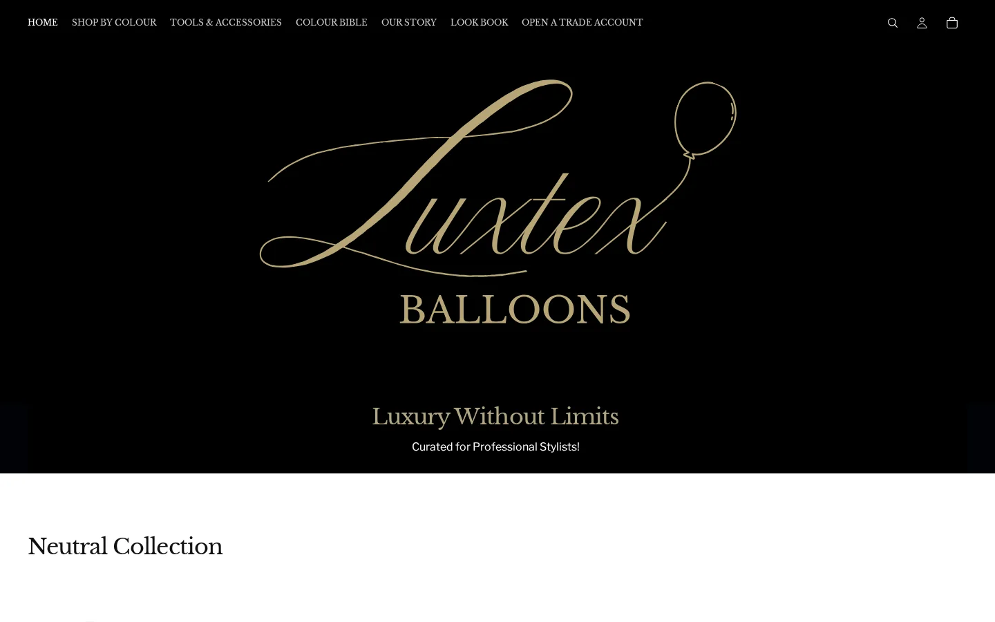 Luxtex Balloons home page with the Luxtex logo and the line Luxury Without Limits, Curated for Professional Stylists