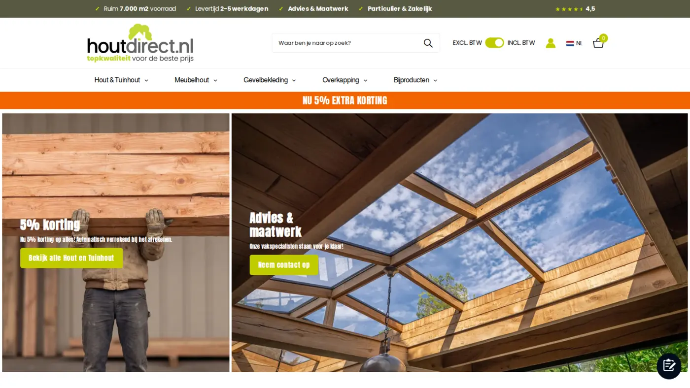 Houtdirect homepage with a 5 percent discount banner, a Hout en Tuinhout panel and an Advies en maatwerk panel