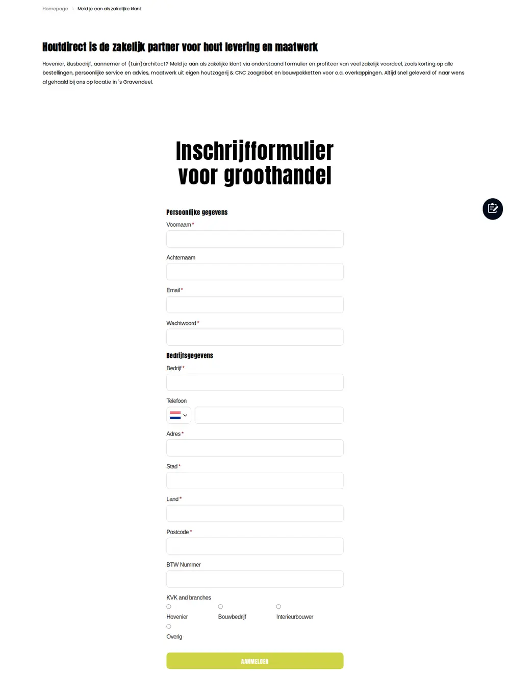 Houtdirect Meld je aan als zakelijke klant page with the Inschrijfformulier voor groothandel form: contact details, company, address, VAT number and business type