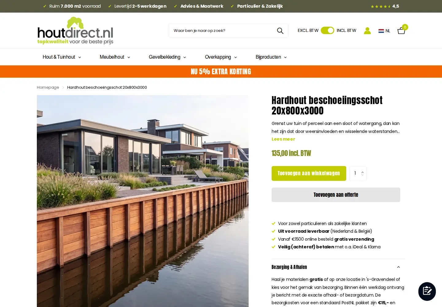 Houtdirect product page for a hardwood bulkhead with a price including VAT, Add to cart and Toevoegen aan offerte buttons