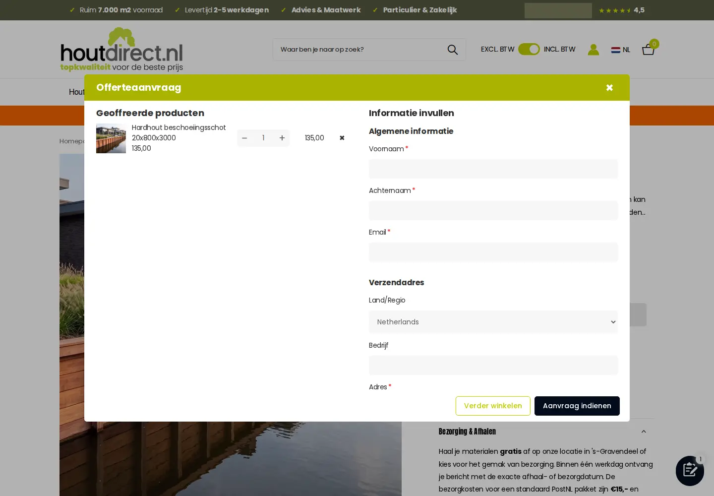 Houtdirect Offerteaanvraag window listing the quoted product with a quantity stepper beside a request form for name, email and shipping address