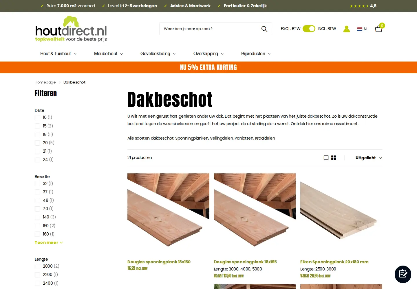 Houtdirect Dakbeschot collection with filters for thickness, width and length, an EXCL. BTW and INCL. BTW toggle in the header and prices including VAT