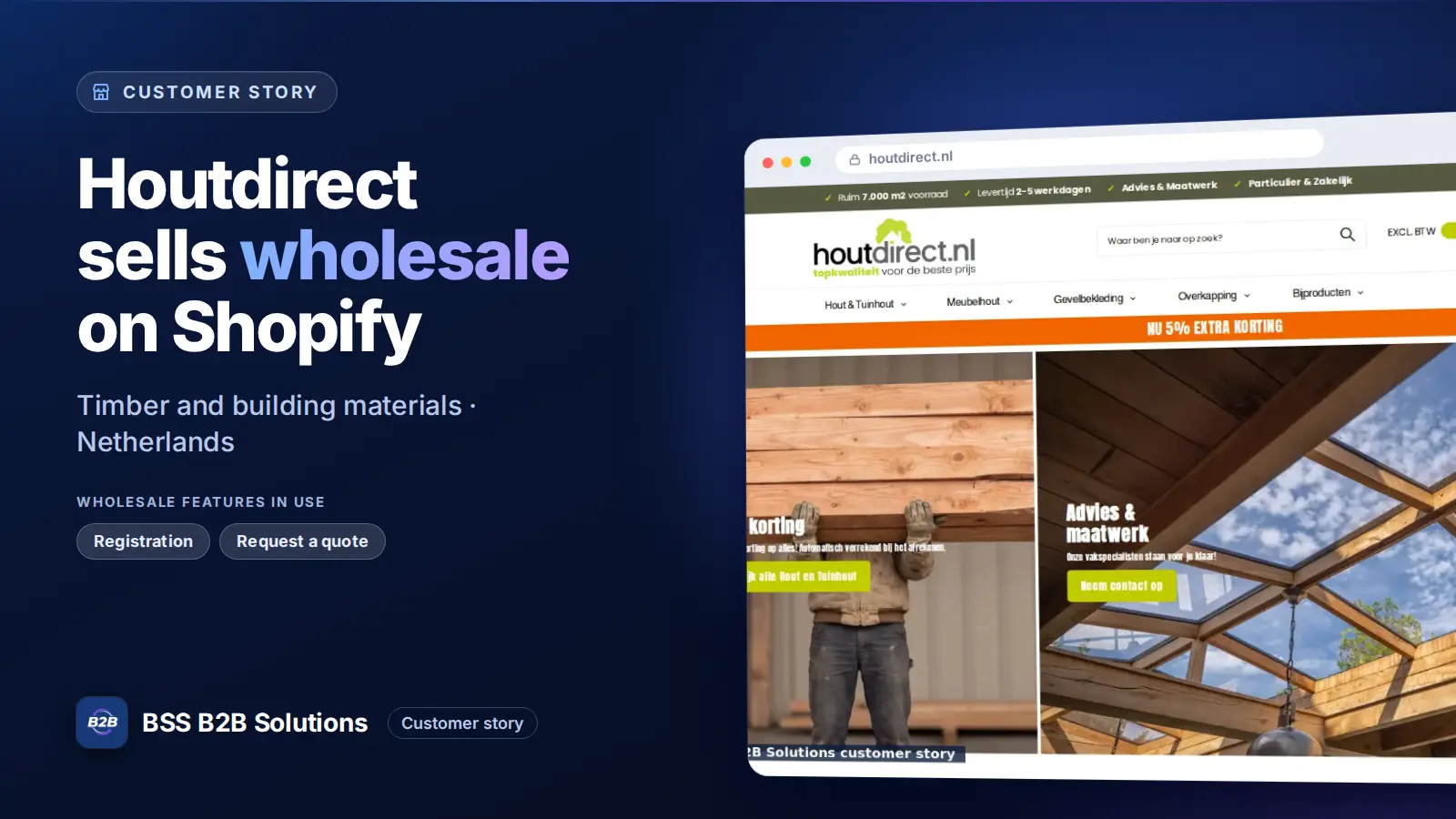 Browser window showing the merchant storefront, Houtdirect sells wholesale on Shopify. Cover for: Houtdirect: How a Dutch Timber Supplier Sells to Trade and Retail on Shopify