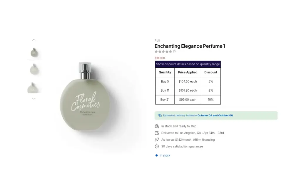 Product page on the demo store with a volume pricing table showing quantity ranges, price applied and discount