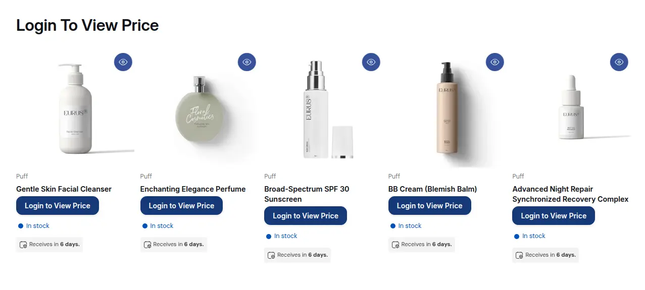 Storefront collection for a guest where each product shows a Login to View Price button
