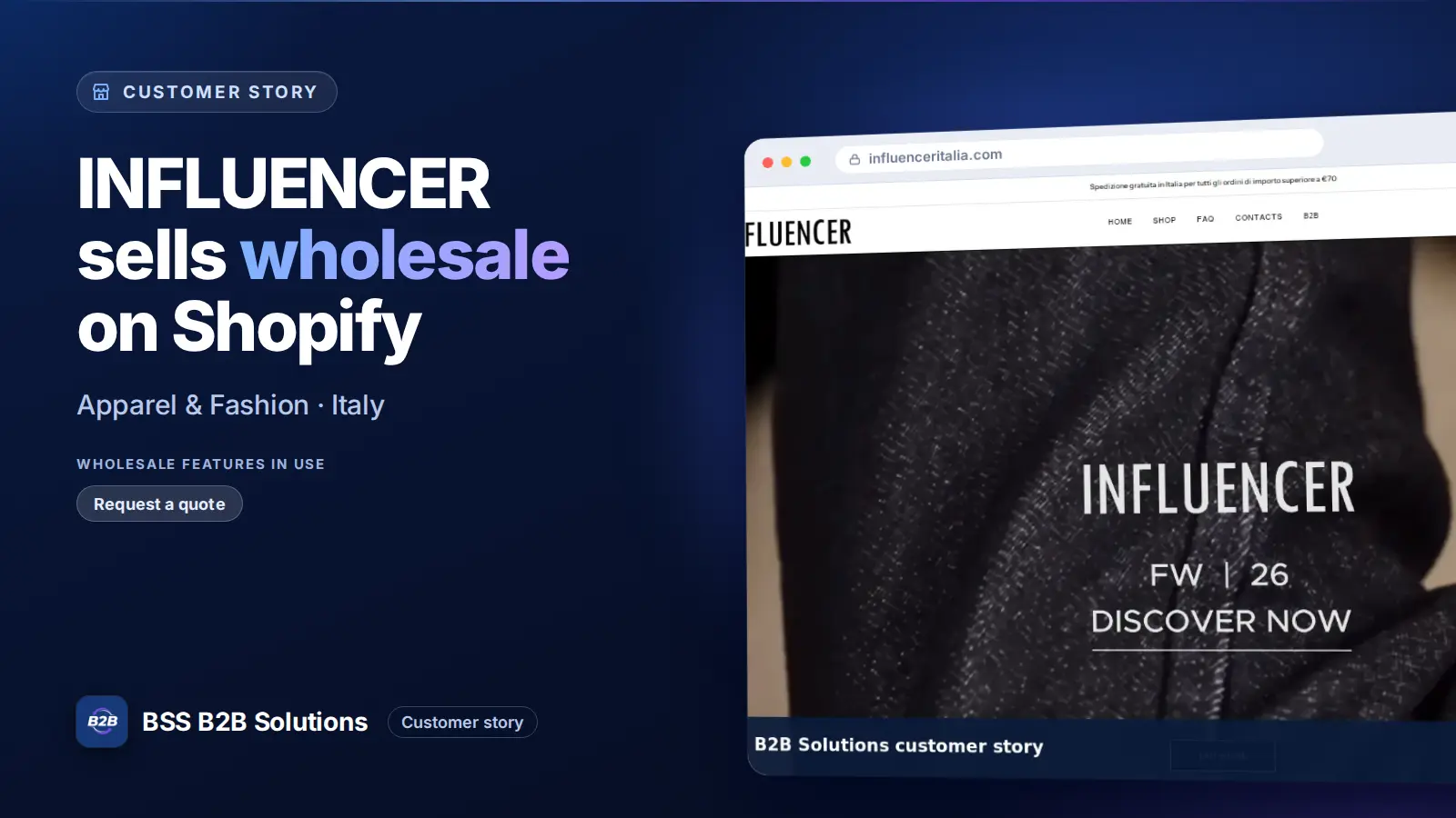 Browser window showing the merchant storefront, INFLUENCER sells wholesale on Shopify. Cover for: INFLUENCER: Fashion Wholesale and B2C on One Shopify Store