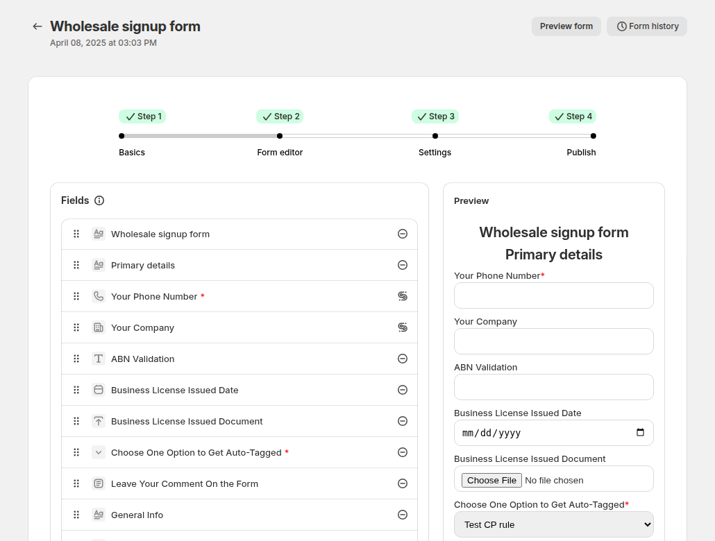 BSS B2B Solution registration form editor with a field list and live preview