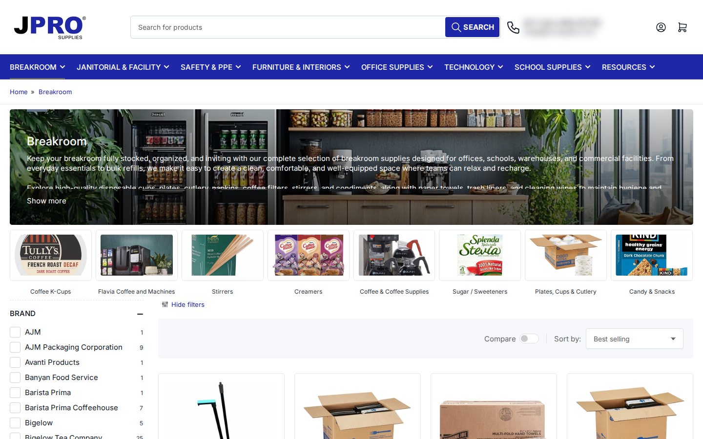 JPRO Supplies breakroom collection page with category tiles, brand filters and product grid