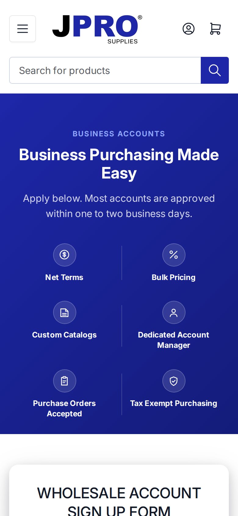 JPRO Supplies wholesale sign up page on a phone