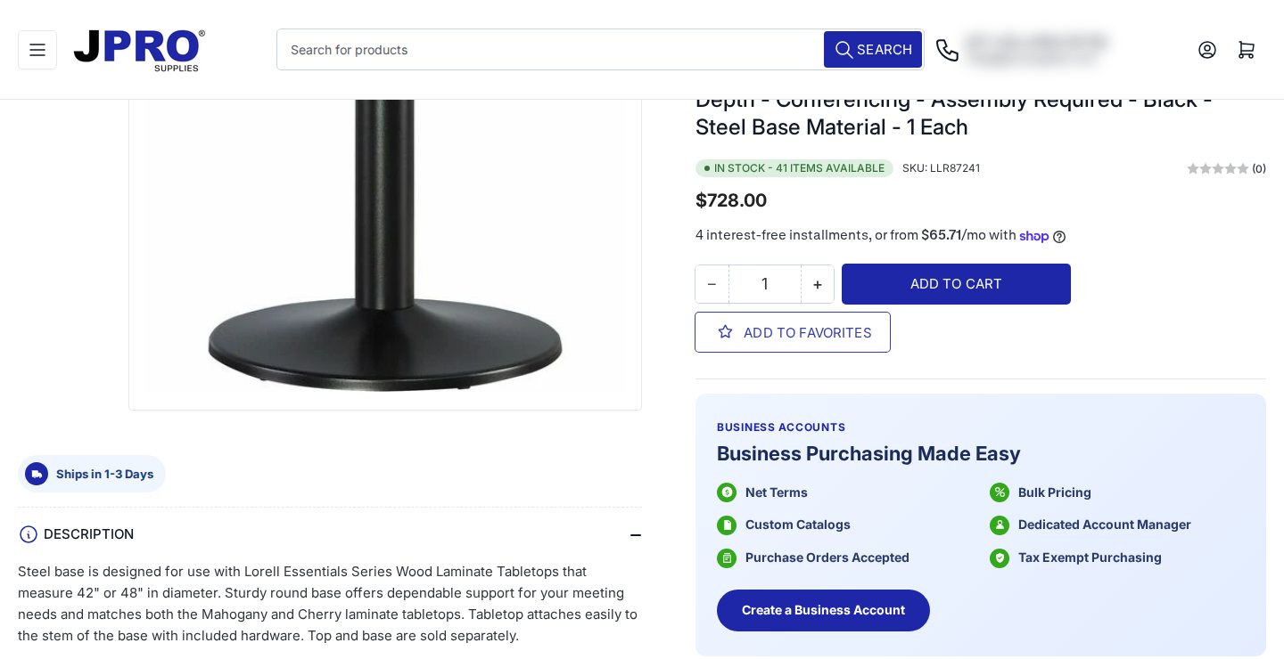 JPRO Supplies product page showing a regular price and a Business Accounts panel with a Create a Business Account button