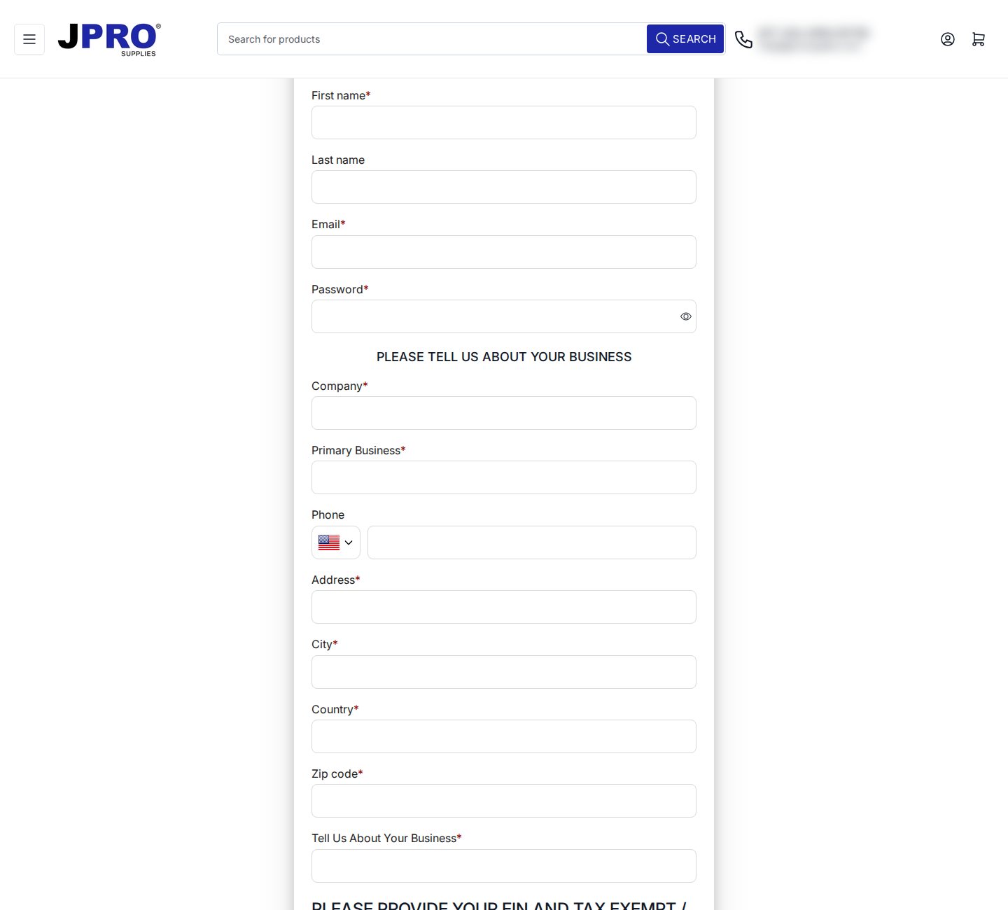 Top half of the JPRO Supplies wholesale registration form with contact and business fields