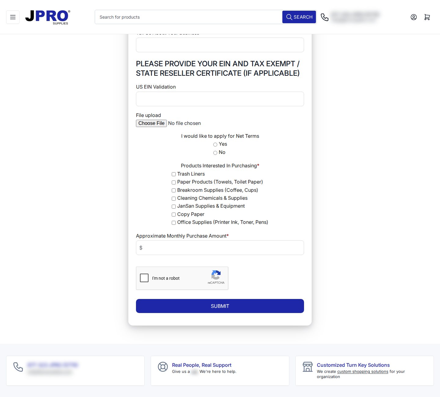 Bottom half of the JPRO Supplies registration form with EIN field, file upload and net terms question