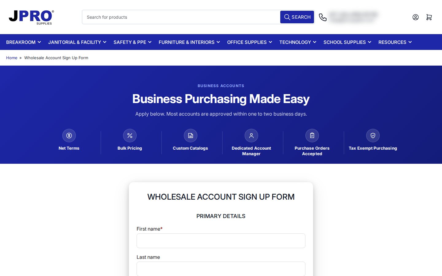 JPRO Supplies wholesale account sign up page with six business account benefits