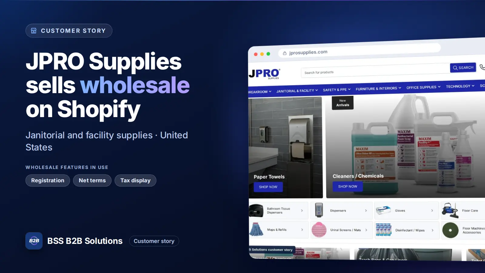 Browser window showing the merchant storefront, JPRO Supplies sells wholesale on Shopify. Cover for: JPRO Supplies: How a US Facility Supplier Sells Wholesale on Shopify