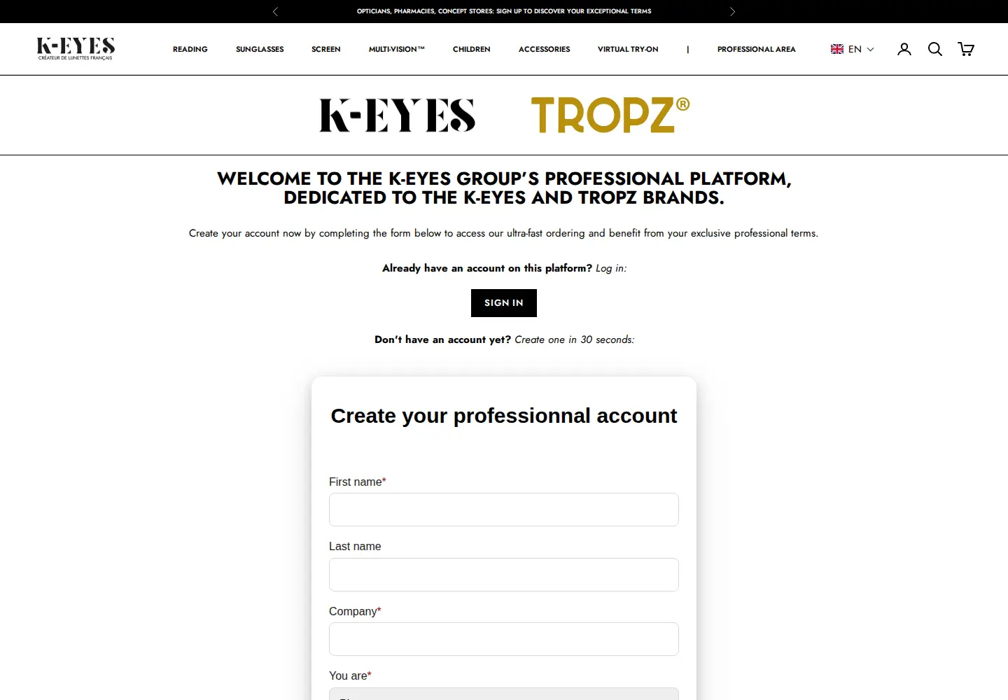 K-EYES professional platform page welcoming opticians, pharmacies and concept stores with Sign in and Create your professional account options
