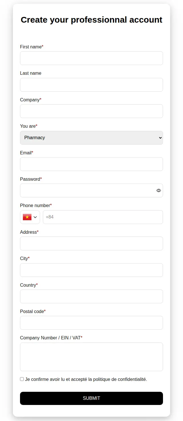 K-EYES Create your professional account form with name, company, a You are dropdown, email, password, phone, address and Company Number, EIN or VAT fields